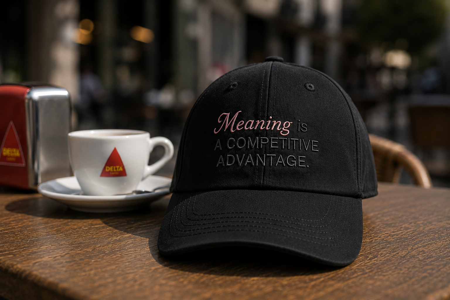 Black cap embroidered with the words 'Meaning is a competitive advantage', resting on a wooden Lisbon café table beside a Delta espresso.