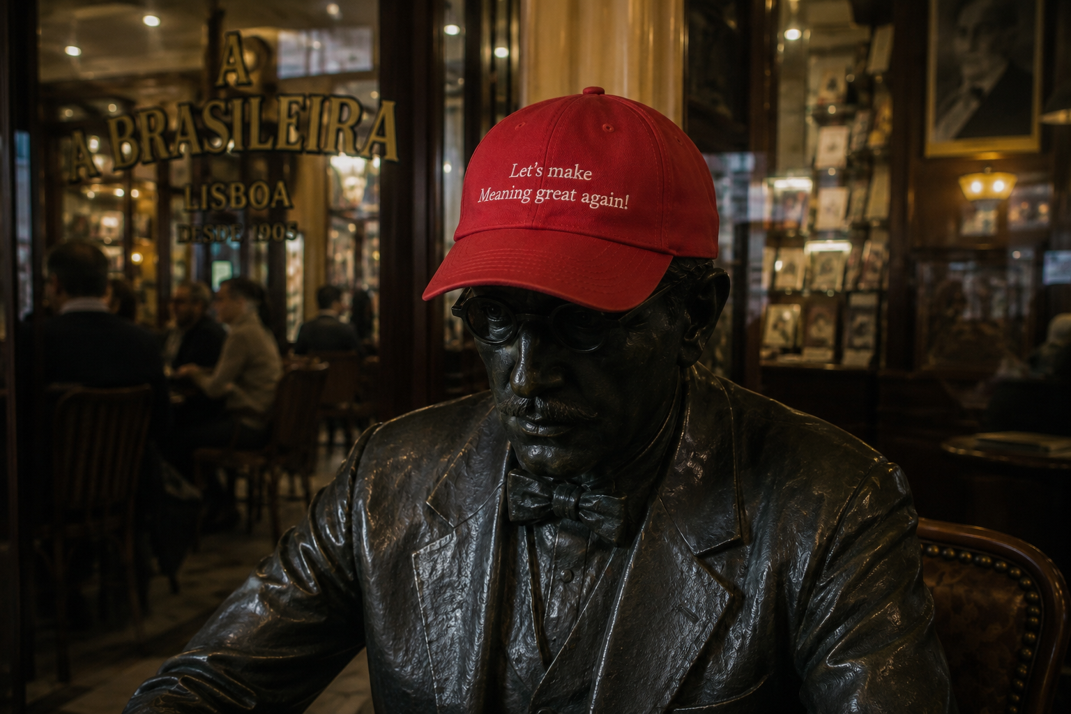 The bronze statue of Fernando Pessoa at A Brasileira in Lisbon wearing a red cap embroidered with 'Let’s make Meaning great again!'
