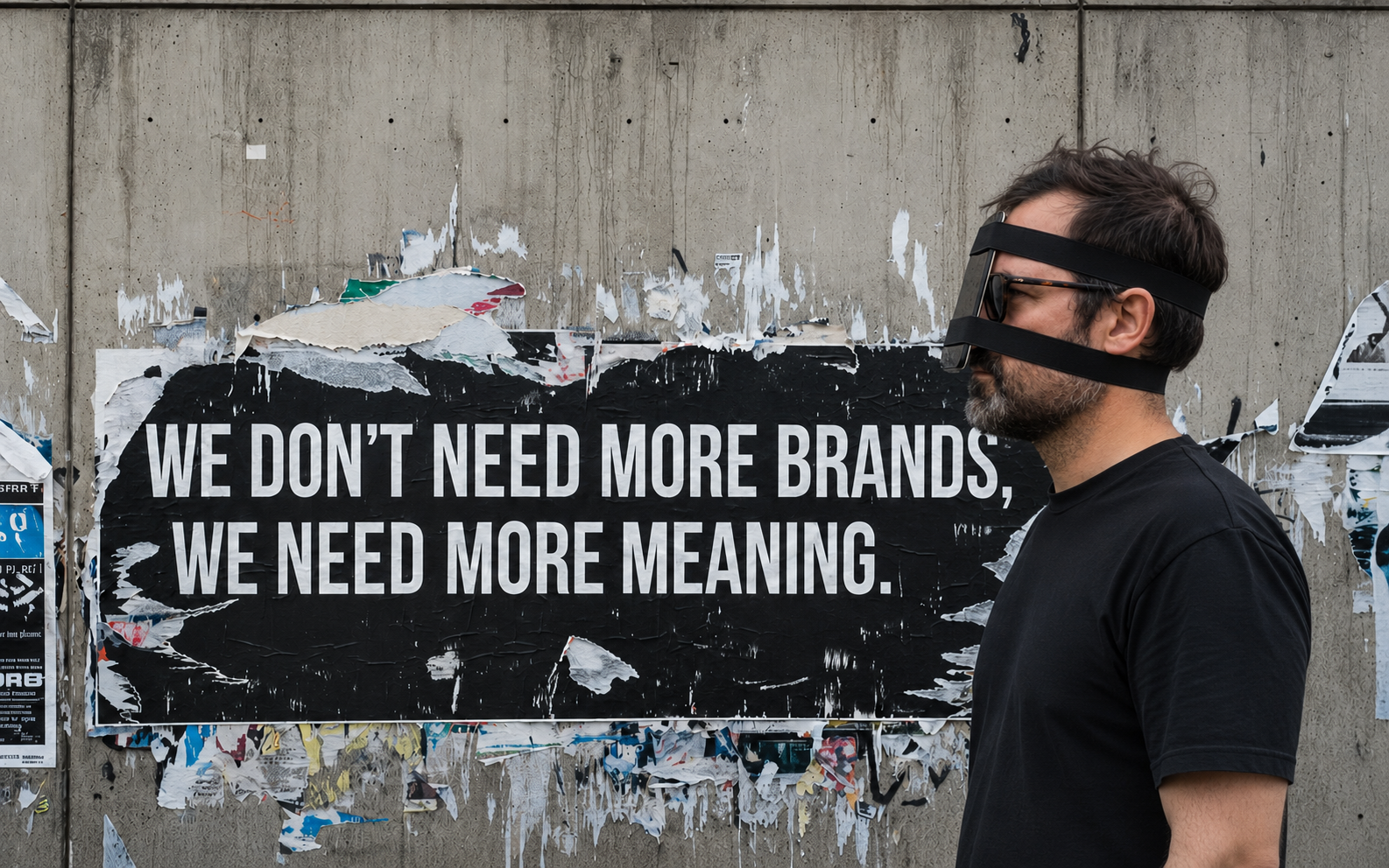 Street poster on concrete: WE DON'T NEED MORE BRANDS. WE NEED MORE MEANING.